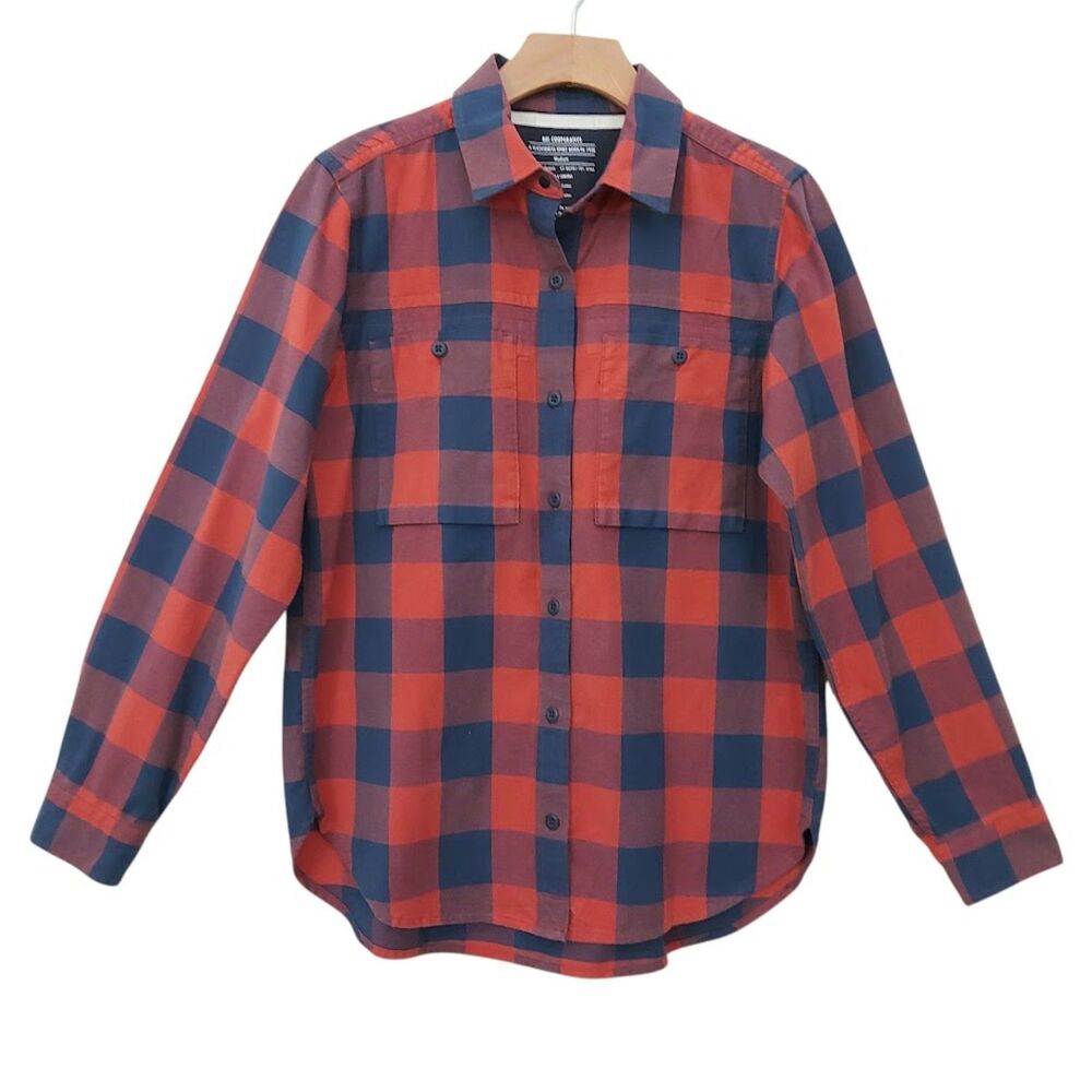 REI Co-op Flannel Shirt Womens Medium Orange Blue Plaid Cotton Outdoor Hiking